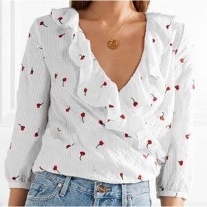 Rixo London Sophia White Embroidered Wrap Top with Flowers